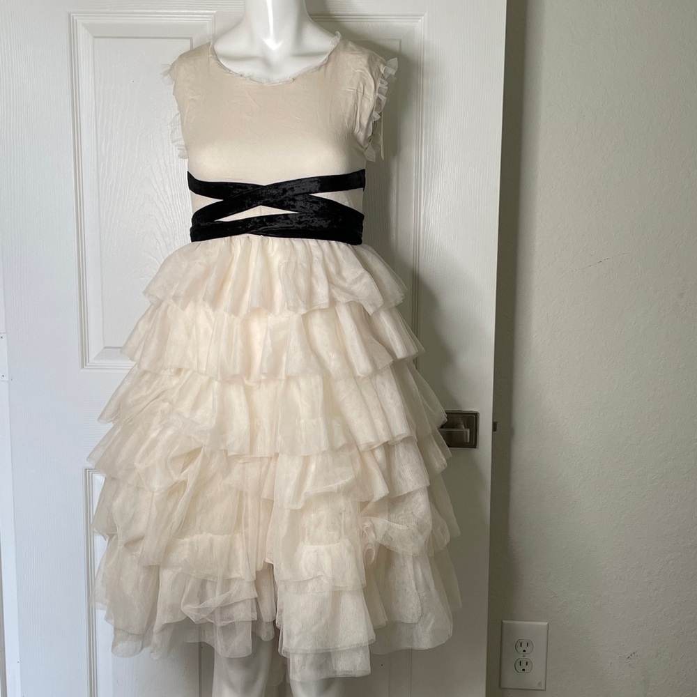 Elegant Cream Ruffle Tulle Dress with Black Velvet Sash - Kids Formal